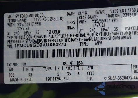 2019 Ford Escape Se z USA, uszkodzony, nr VIN 1FMCU9GD9KUA64270